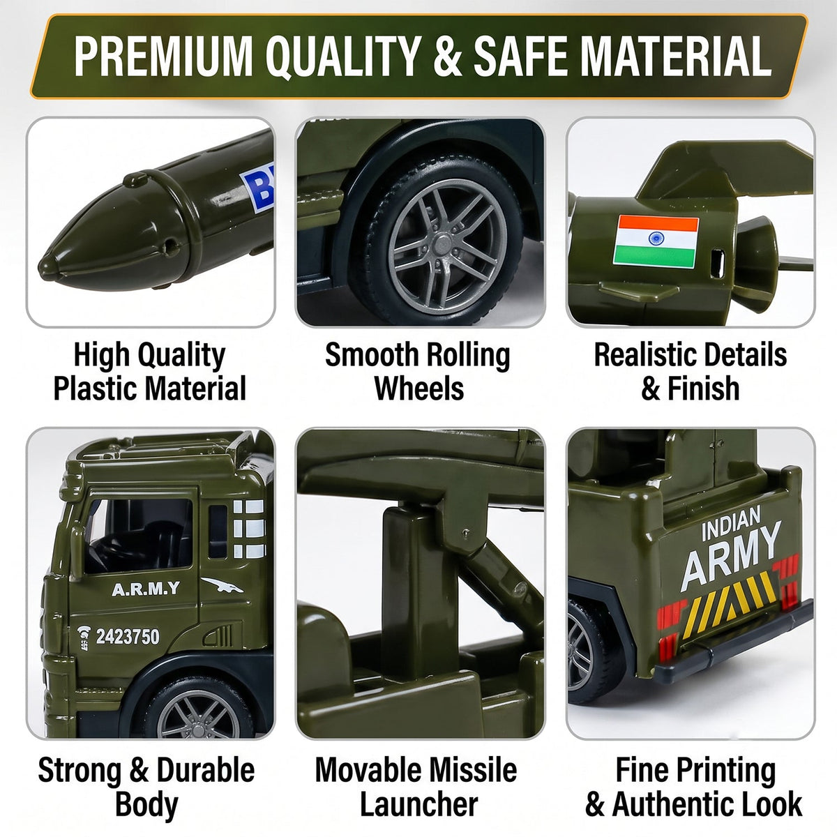 A collage of six close-up images highlighting features of the army truck toy, including wheels, missile, and details.