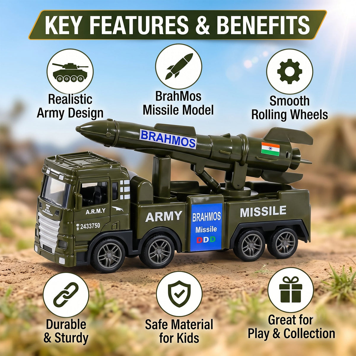 A green toy army truck with a missile launcher on its back is shown on a dirt road with icons highlighting its features.