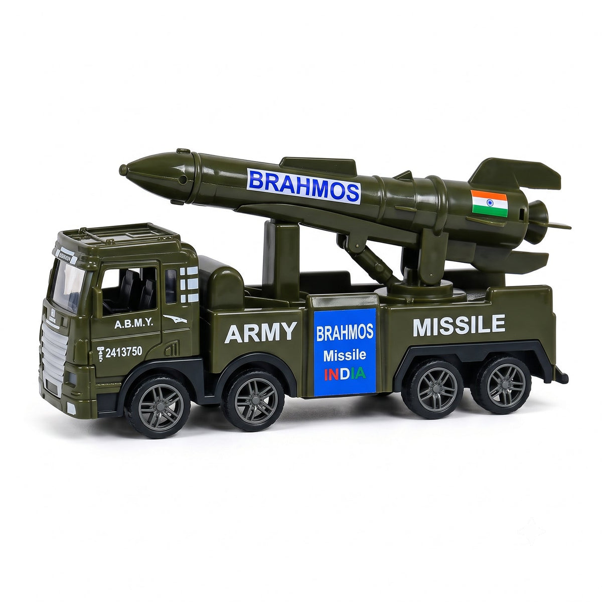 A green toy army truck with a missile launcher on its back is shown from the side against a white background.