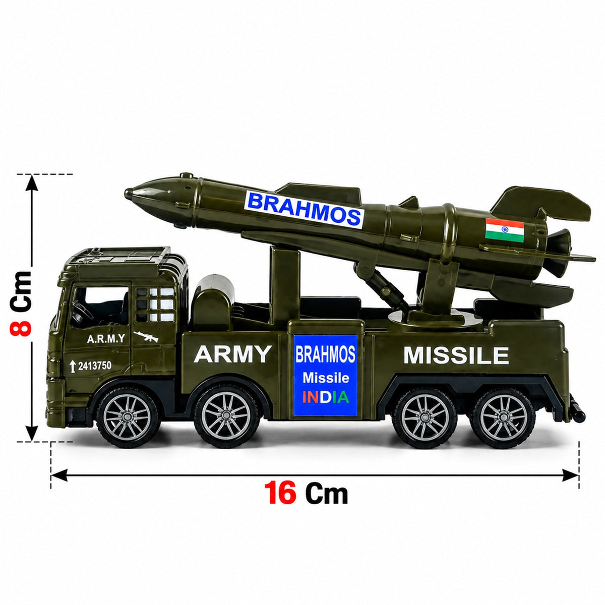 A green toy army truck with a missile launcher on its back is shown with its dimensions of 8 cm by 16 cm.