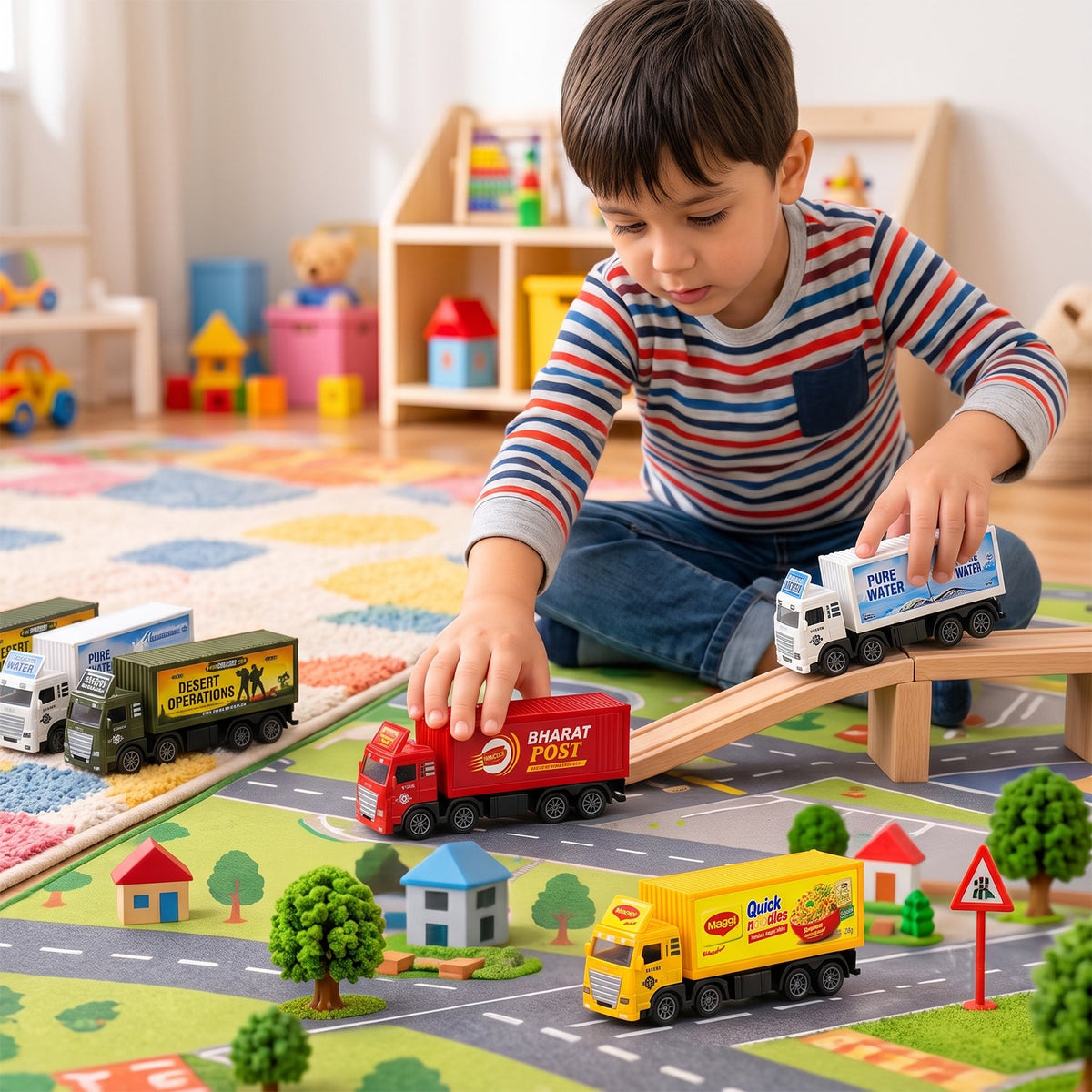 A young boy plays on a colorful rug with five toy trucks, moving a red truck up a wooden ramp.