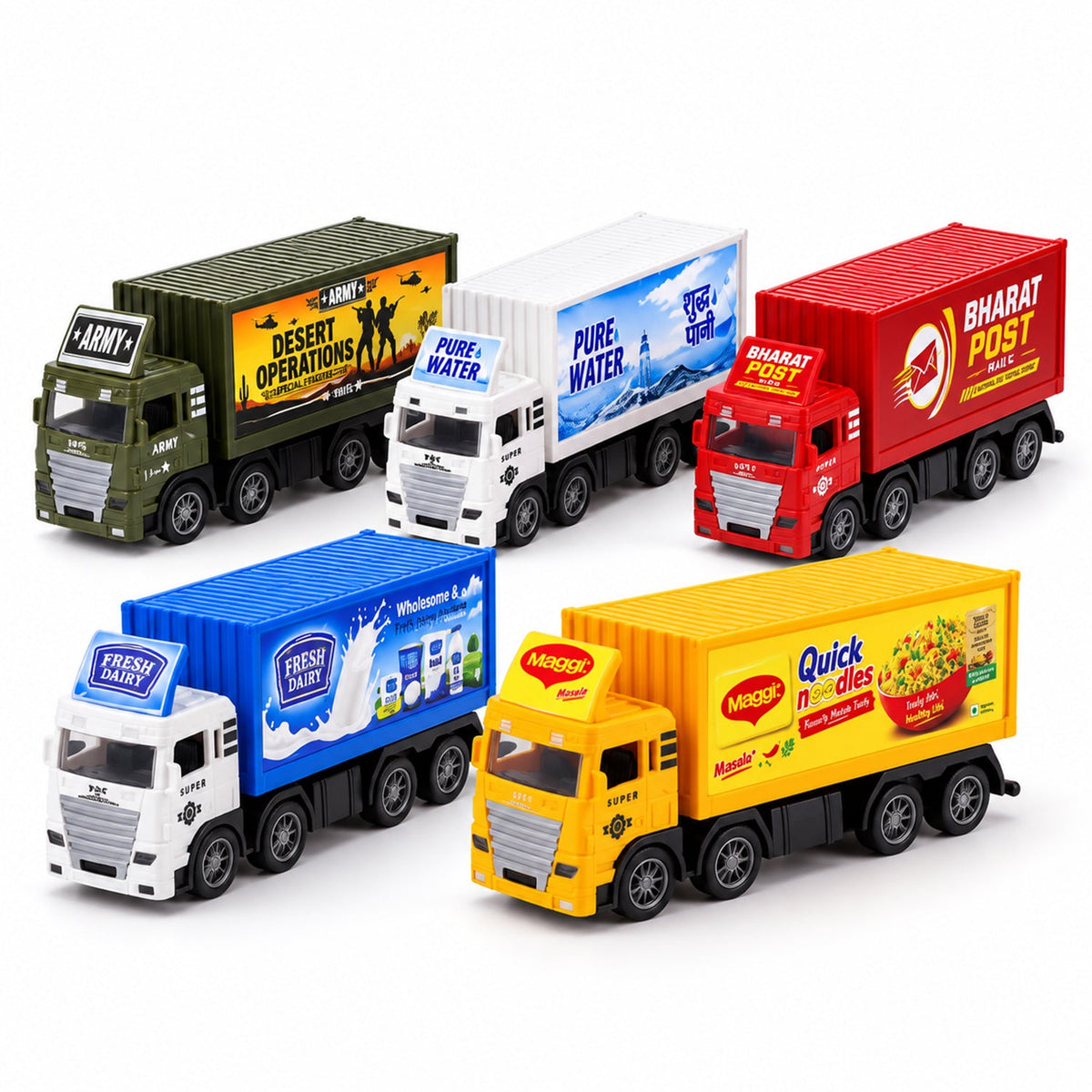 Six colorful toy trucks, each with a distinct design and brand logo, are displayed in a diagonal line on a white surface.