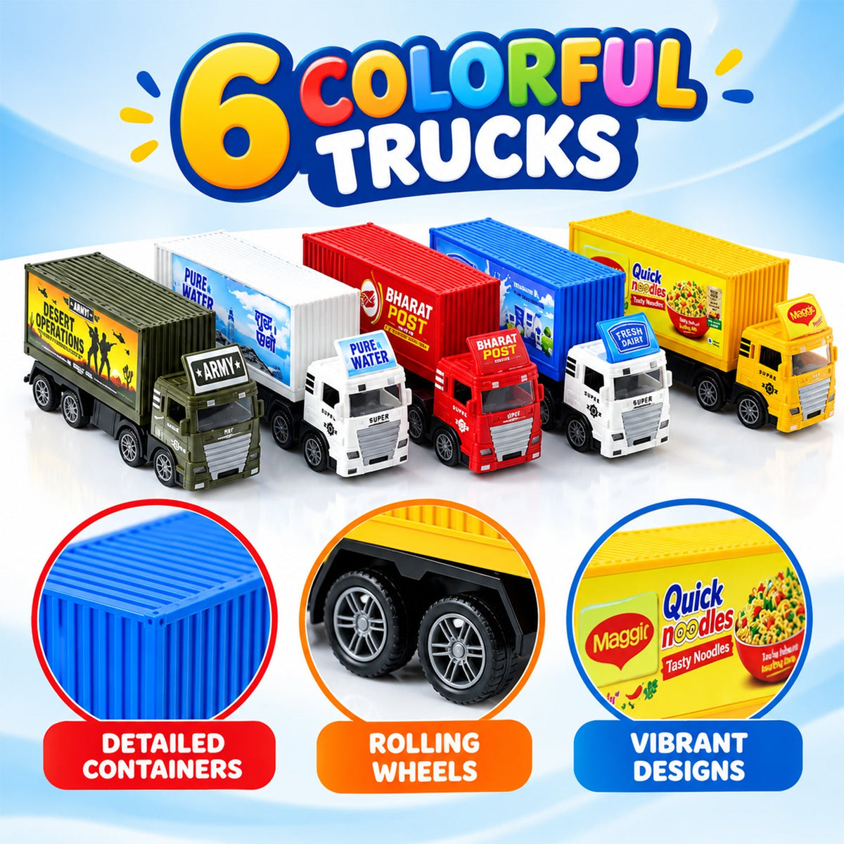 An advertisement for six colorful toy trucks, highlighting detailed containers, rolling wheels, and vibrant designs.