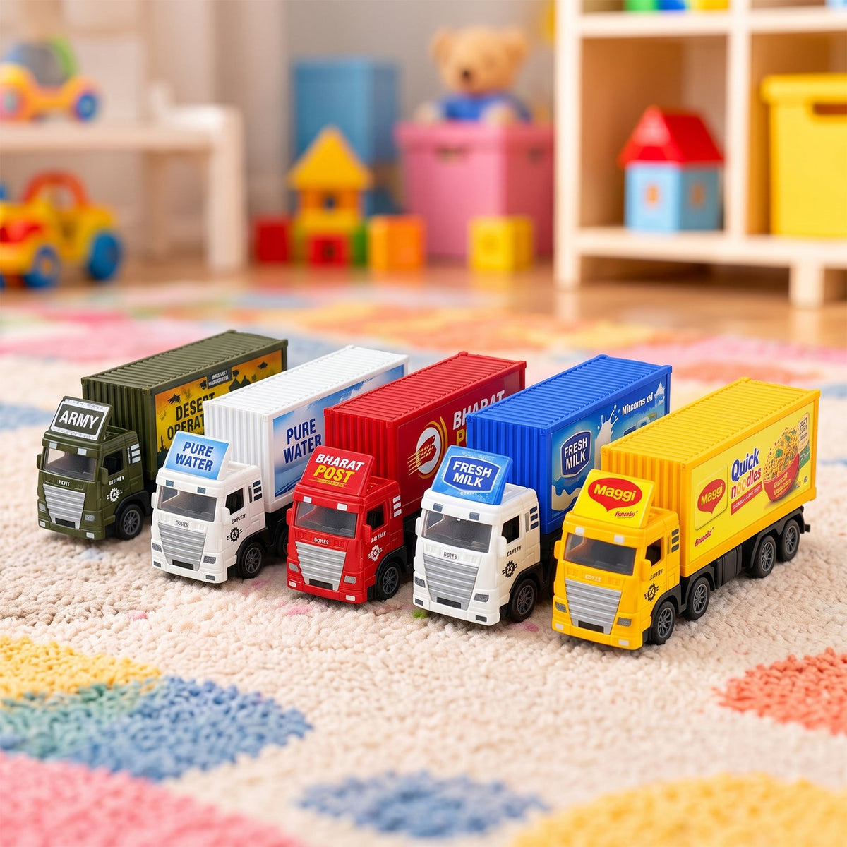 Six colorful toy trucks are lined up on a soft, patterned rug in a child's playroom.