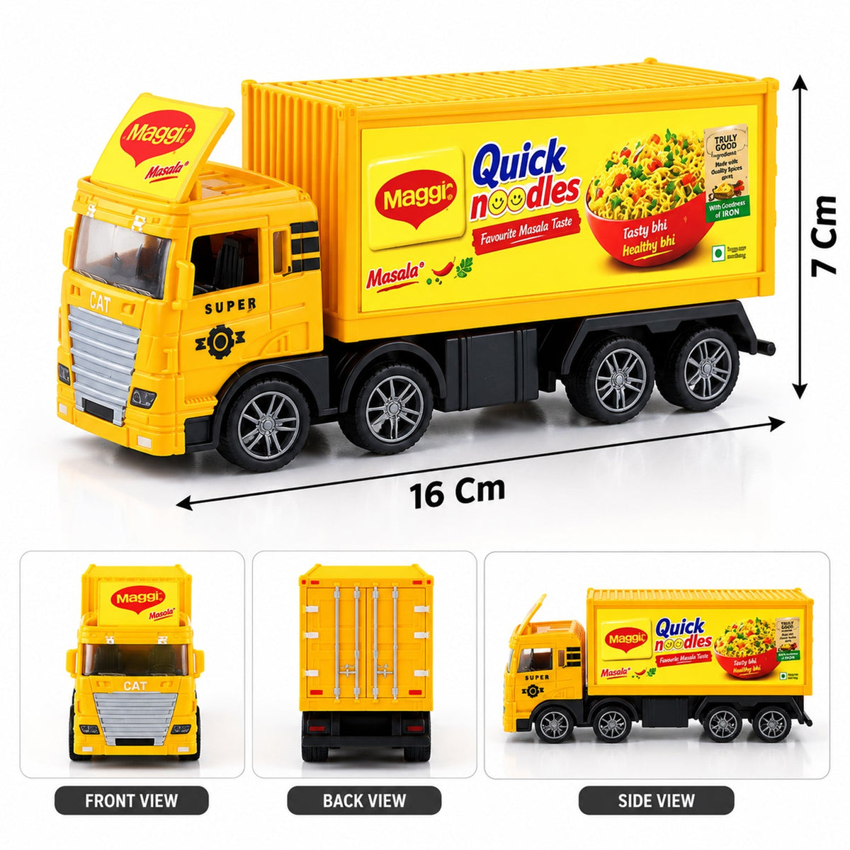 A yellow toy truck with a Maggi noodles logo is shown with its dimensions: 7 cm height and 16 cm length, with front, back,