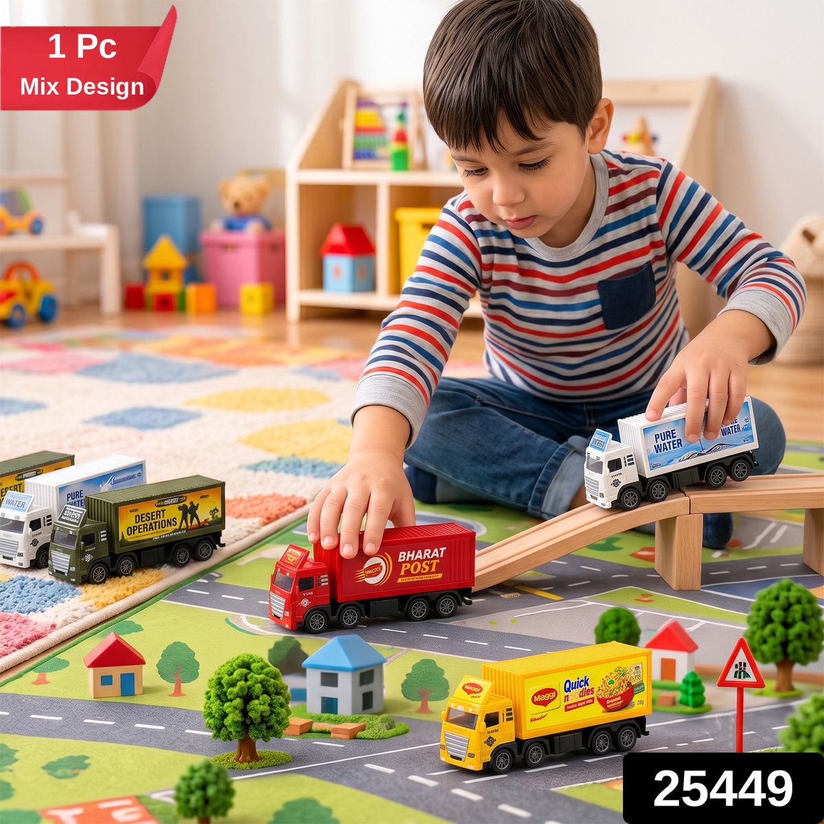 A child plays with toy trucks on a colorful rug, with a red banner in the corner indicating "1 Pc Mix Design" and a number