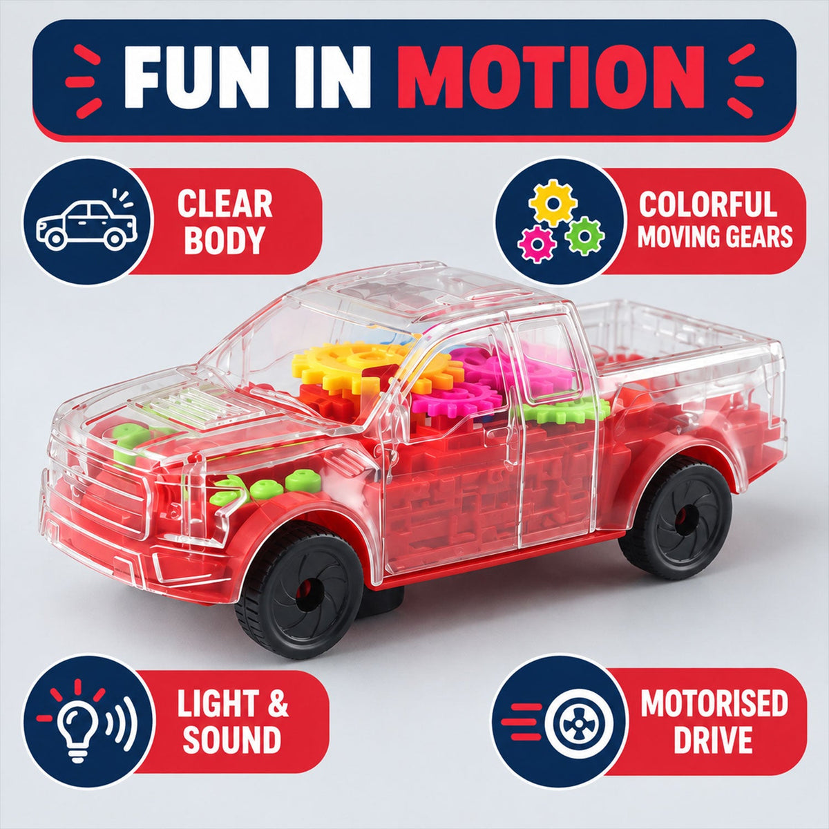 A transparent red toy pickup truck with colorful moving gears, featuring a clear body, lights, sound, and motorized drive.