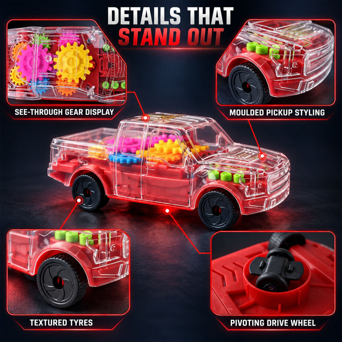 A transparent red toy pickup truck showcasing its see-through gear display, molded styling, textured tires, and pivoting