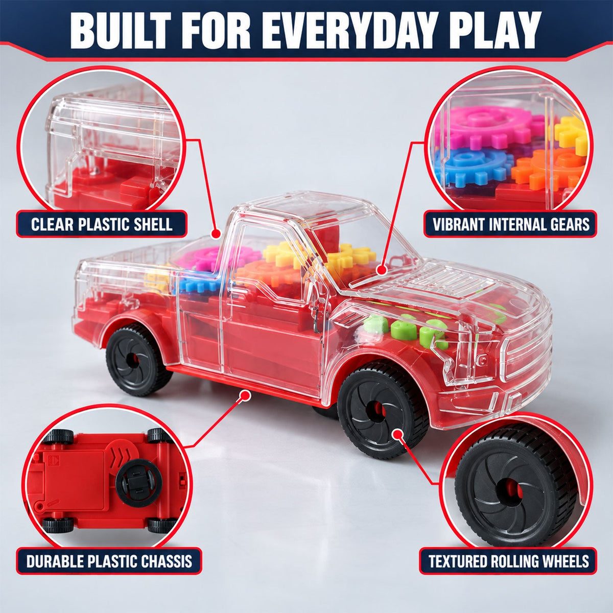 A transparent red toy pickup truck highlighting its clear plastic shell, vibrant internal gears, durable chassis, and