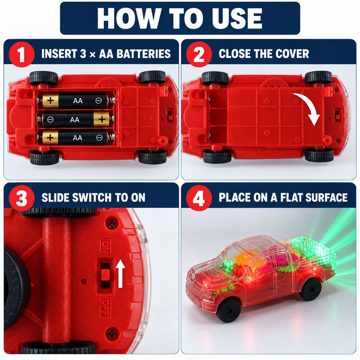 Four steps illustrating how to use the toy truck: insert batteries, close cover, slide switch, and place on a flat surface.