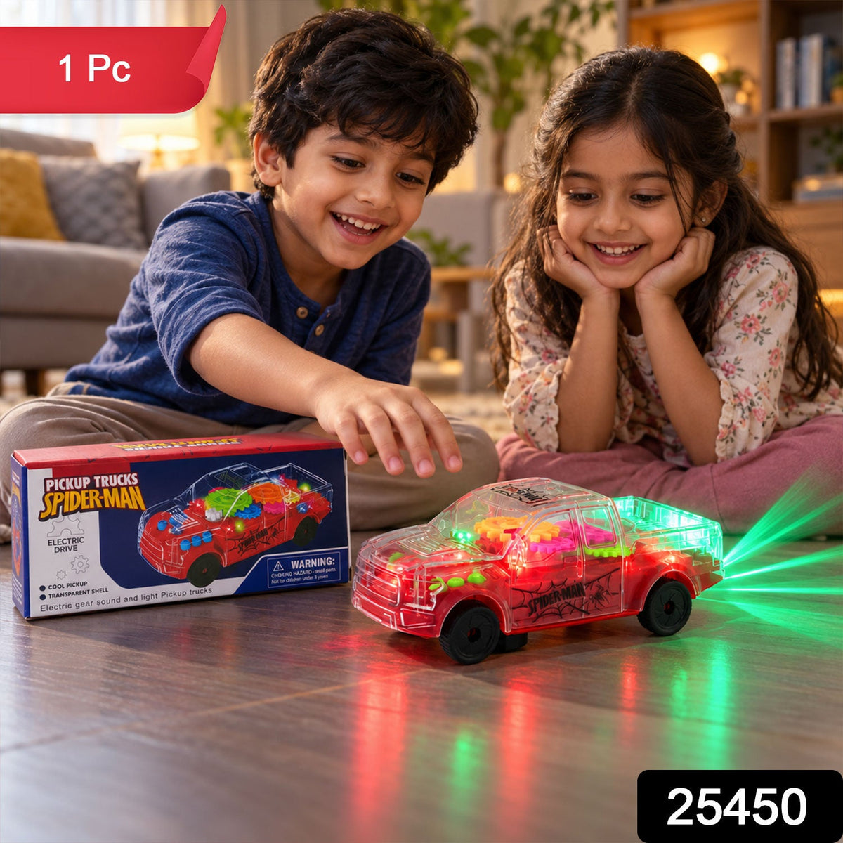 Two children smiling at a transparent red toy truck with internal gears, emitting colorful lights and green laser beams.