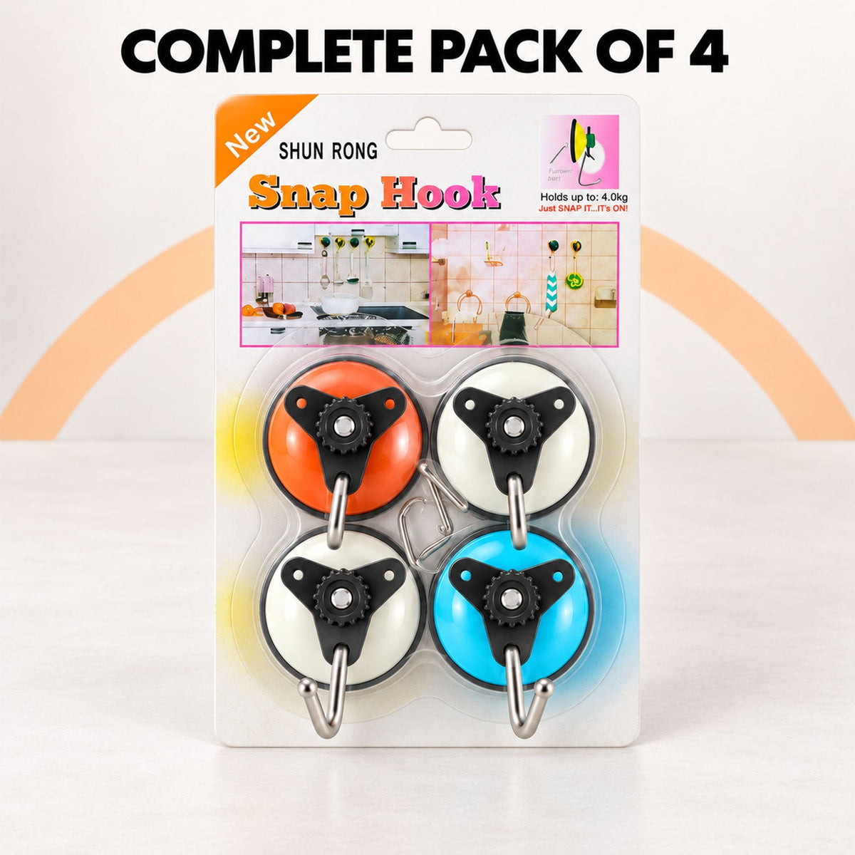 A retail package of four Shun Rong Snap Hooks in orange, white, and blue, displayed against a white background with an