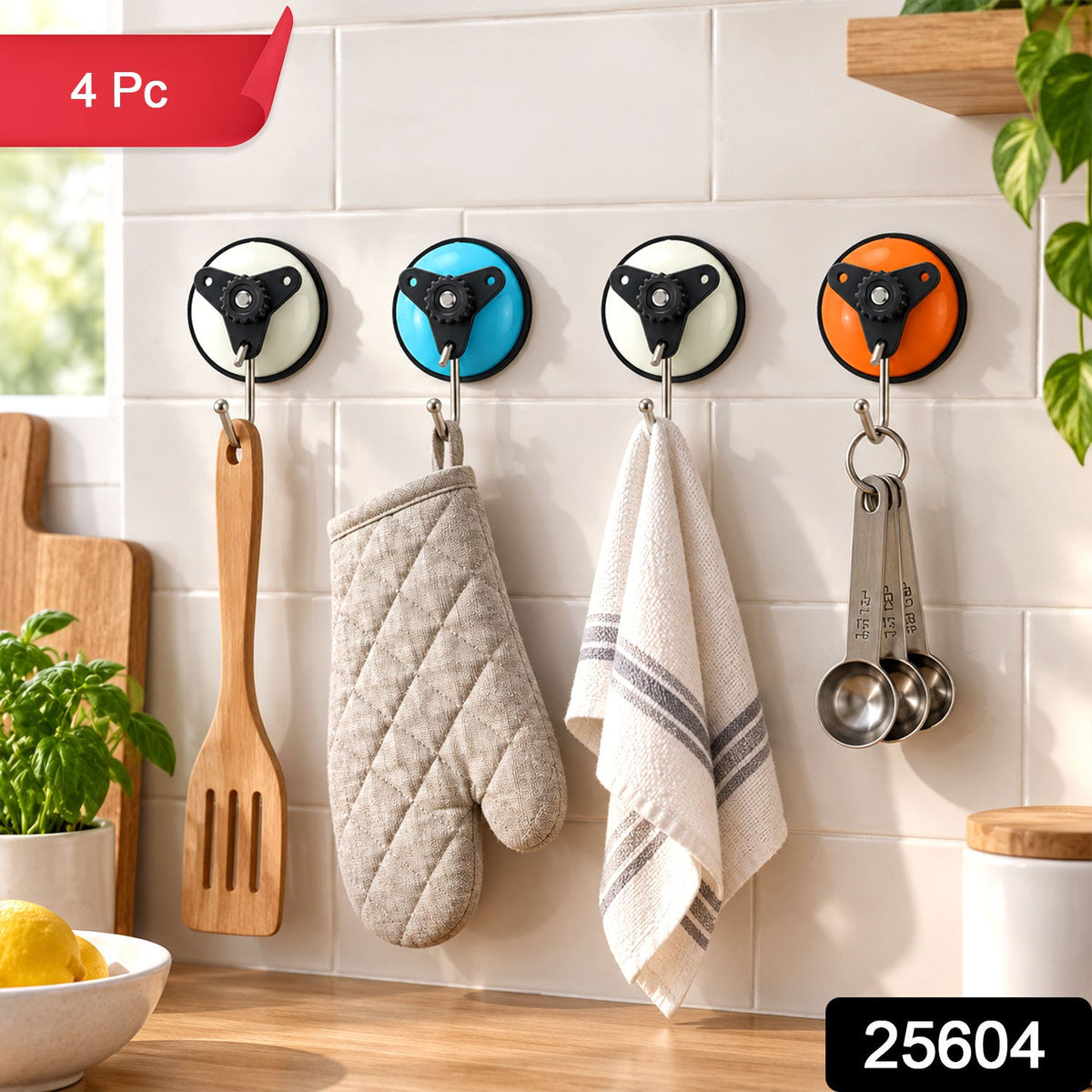 Four colorful suction cup hooks on a white tiled kitchen wall, holding various kitchen items, with a red "4 Pc" label and a