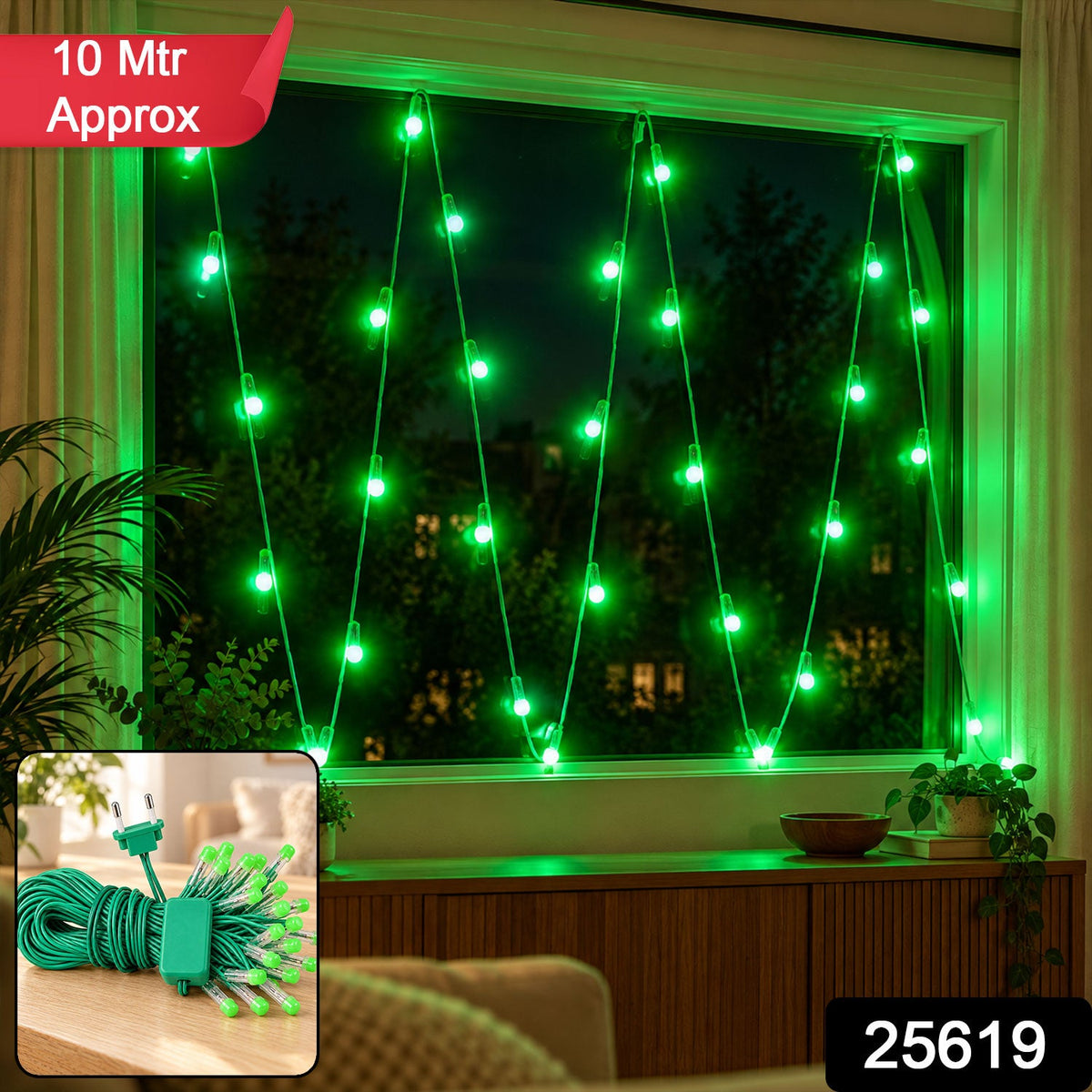 Green LED string lights are draped across a window, with a small inset showing the coiled product.