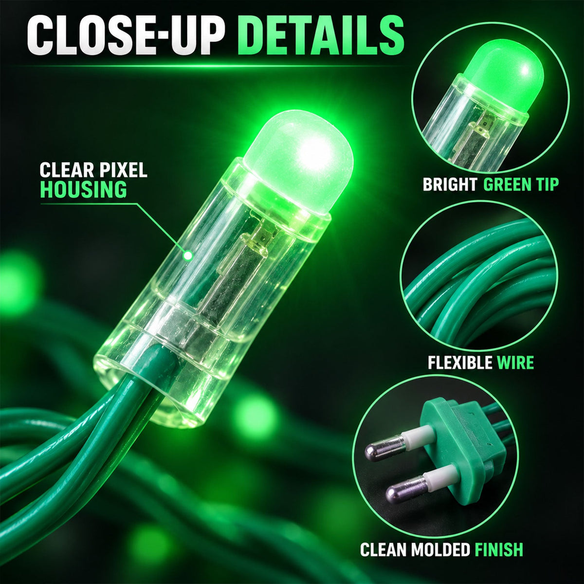 Close-up details of the green LED string lights, highlighting the clear pixel housing and flexible wire.