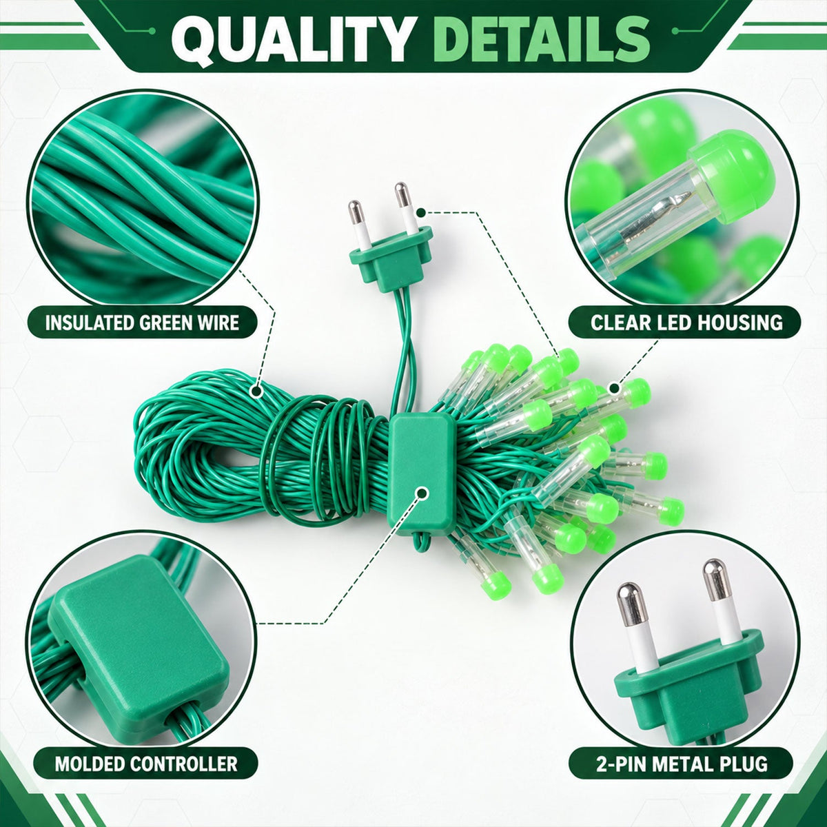 Quality details of the green LED string lights, showing the insulated wire, molded controller, and 2-pin plug.