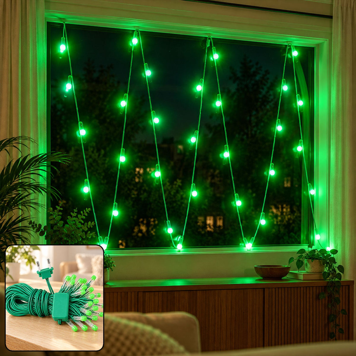Green LED string lights are arranged in a window at night, with a small inset showing the product coiled.