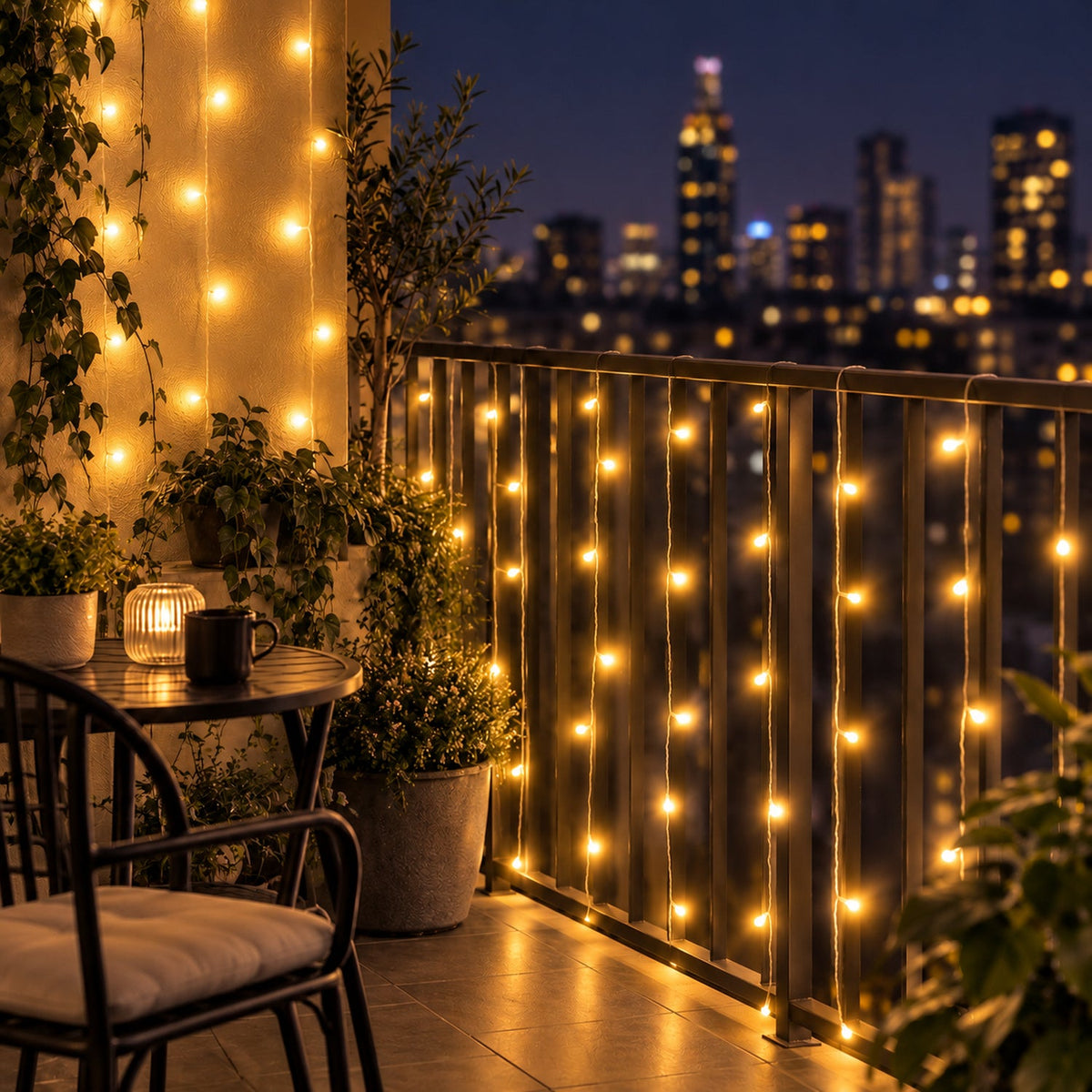 Warm yellow LED string lights illuminate a balcony railing and wall, with city lights in the distance at night.