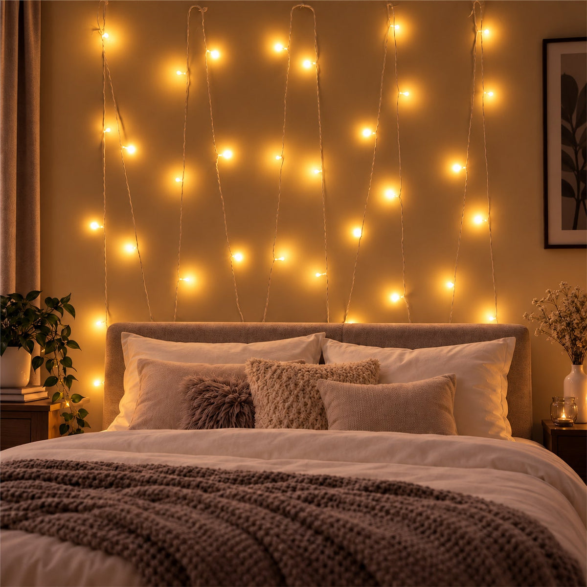 A bedroom wall adorned with vertical strands of warm yellow LED string lights above a bed with pillows and a blanket.