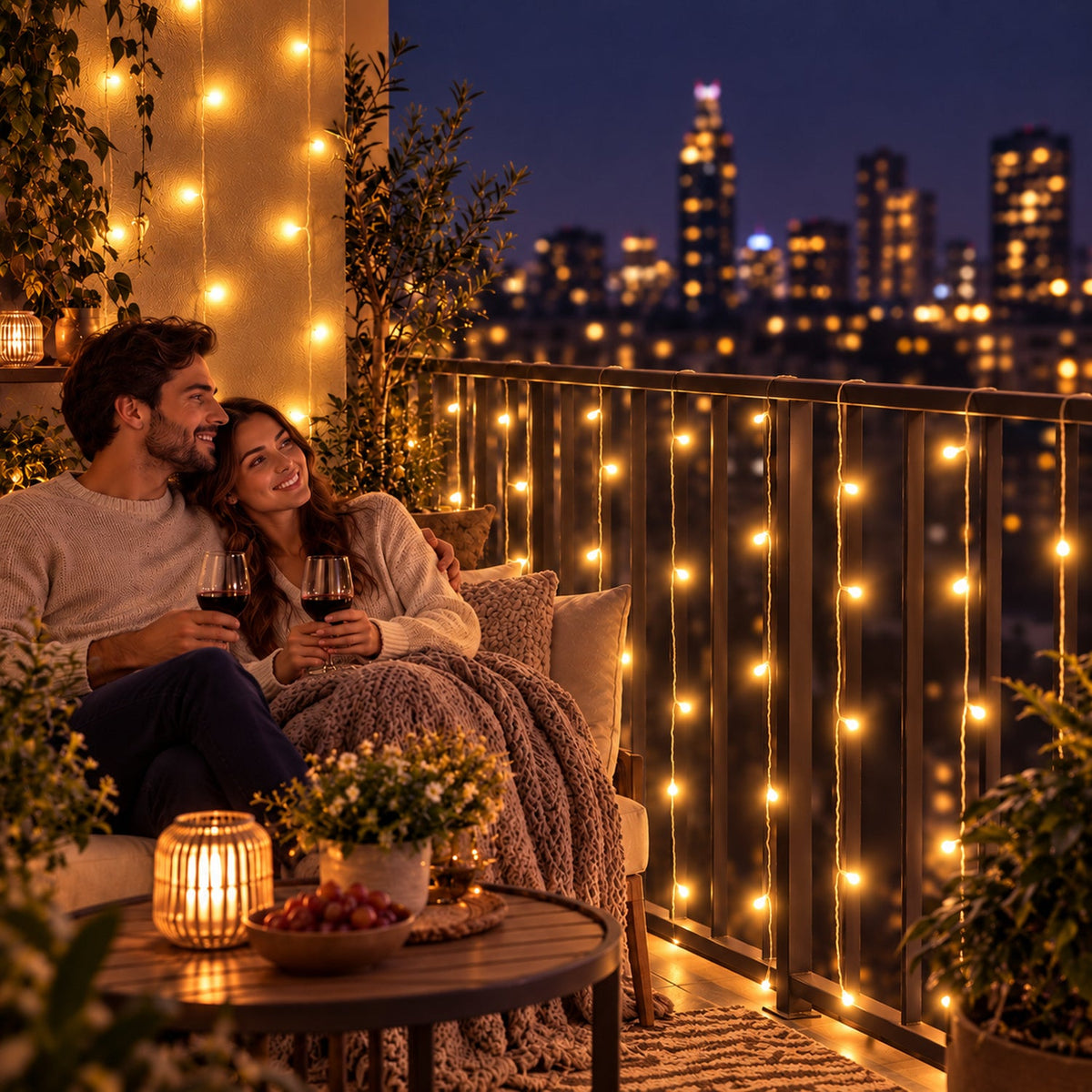 A couple enjoying wine on a balcony at night, illuminated by warm yellow LED string lights on the wall and railing.