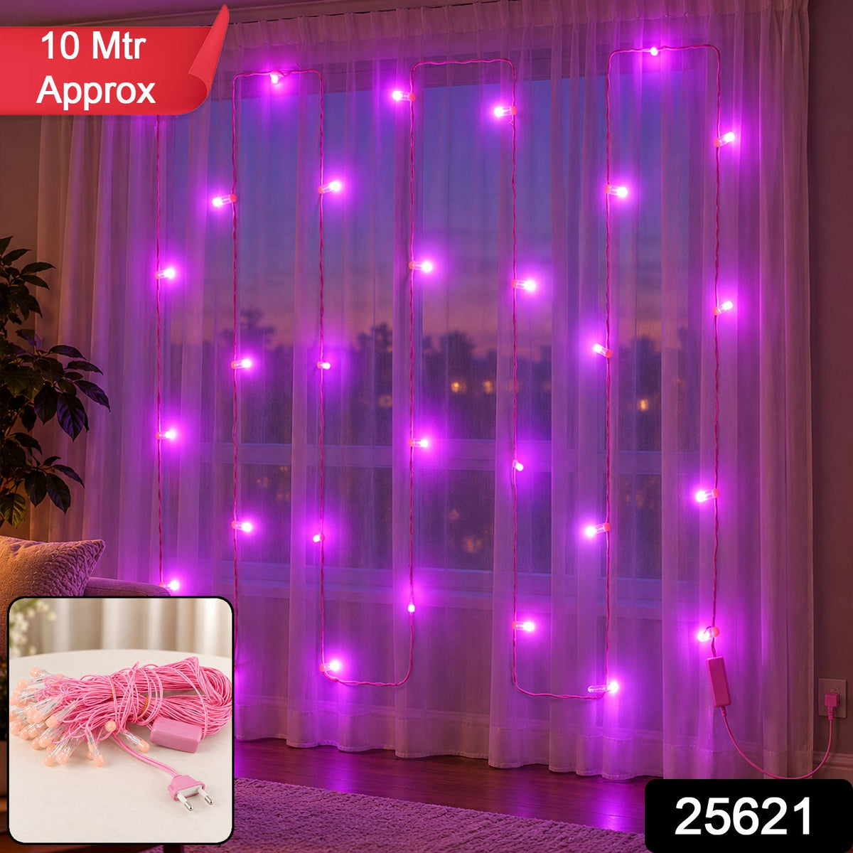 A pink LED curtain light set with a small inset showing the coiled wire and plug on a white surface.