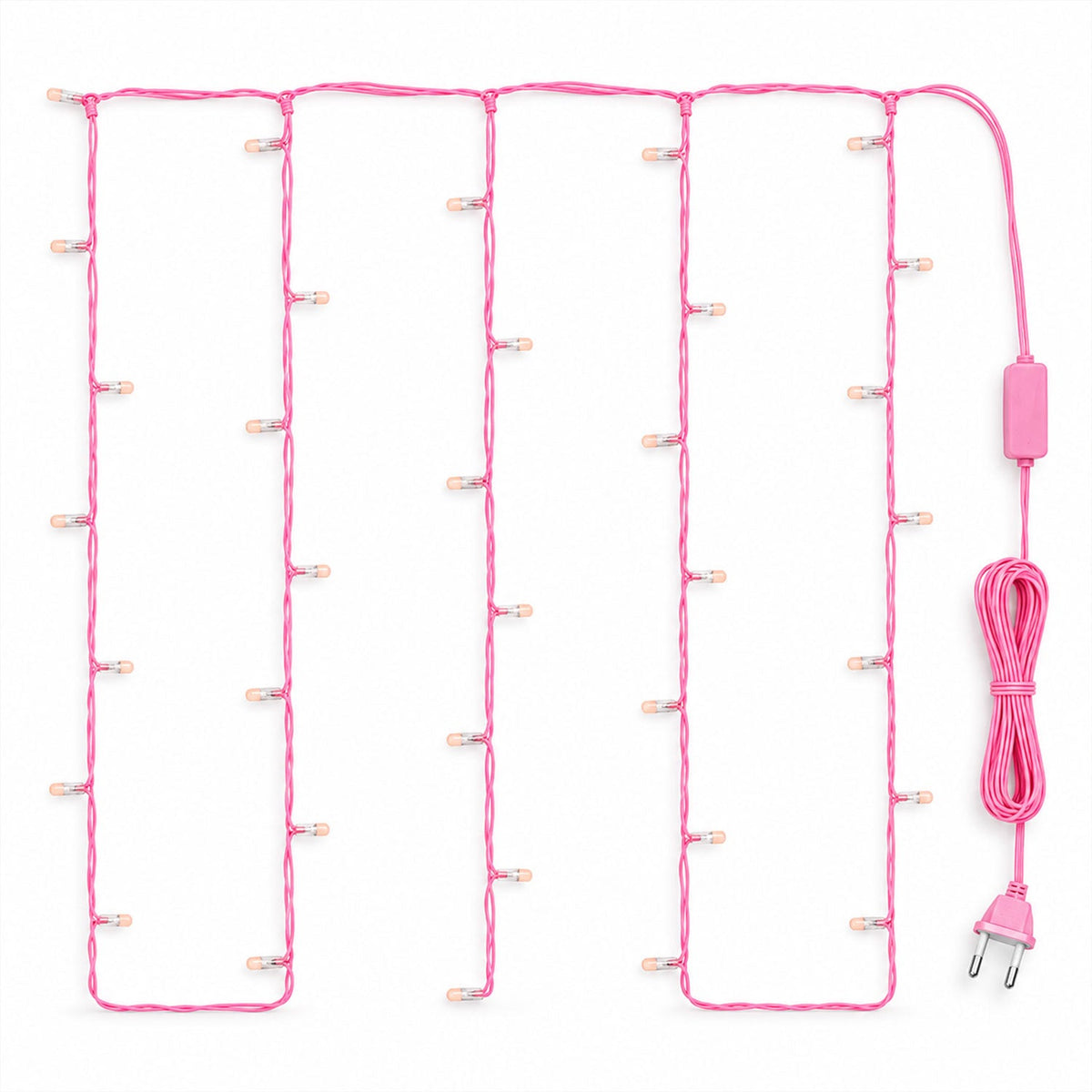 Pink wire LED curtain lights arranged in a rectangular pattern on a white background, showing the plug and coiled cable.