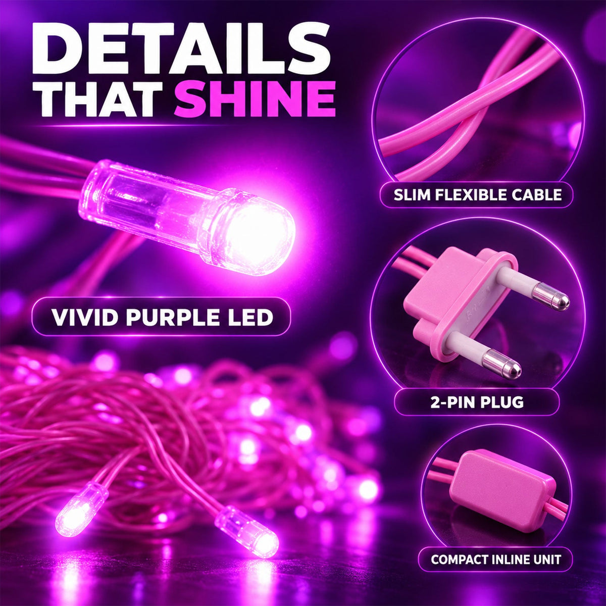 Close-up of a vivid purple LED light and a pink 2-pin plug, with coiled pink wire in the background.