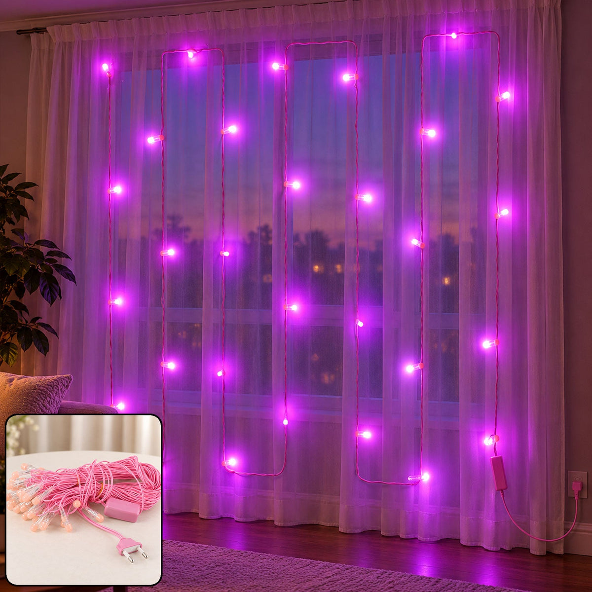 Pink LED curtain lights illuminate a window with sheer white curtains, creating a soft glow in the room.