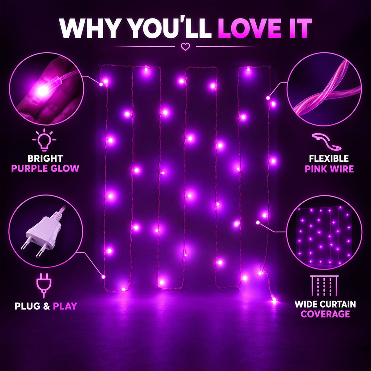 An infographic showcasing the bright purple glow, flexible pink wire, and plug-and-play features of the curtain lights.