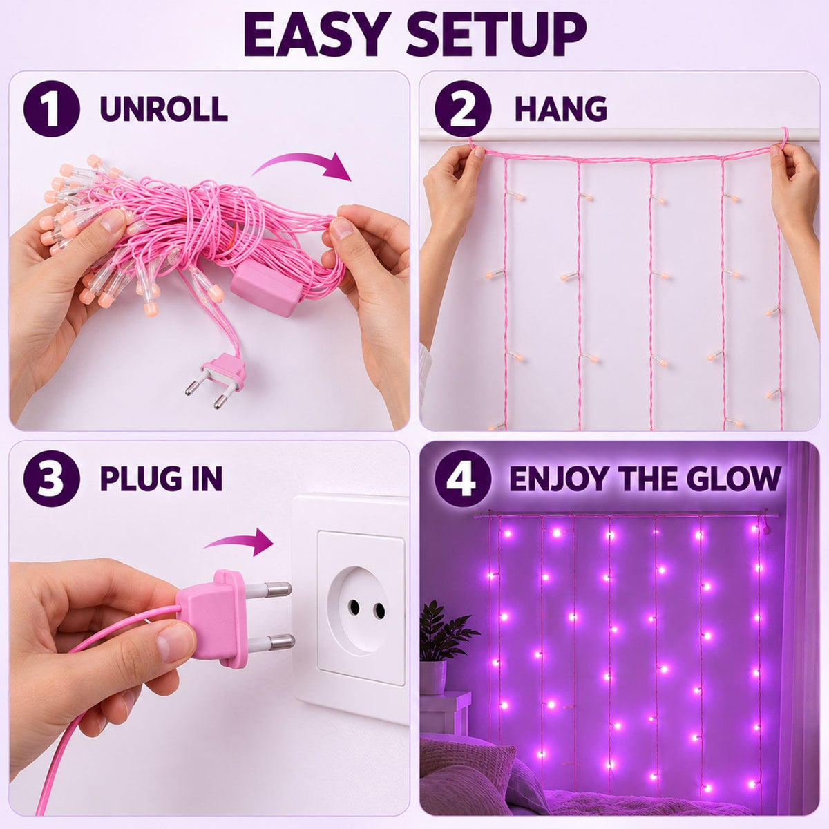 A four-step guide demonstrates how to unroll, hang, plug in, and enjoy the pink LED curtain lights.