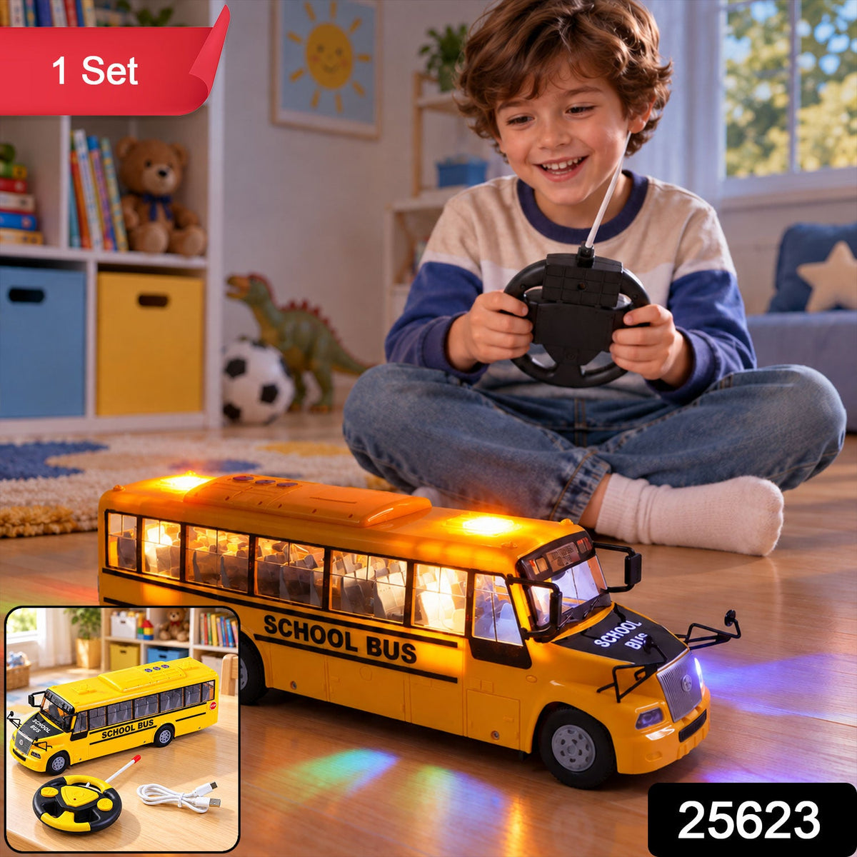 A happy boy controls a light-up yellow school bus toy; an inset shows the bus, remote, and charging cable.