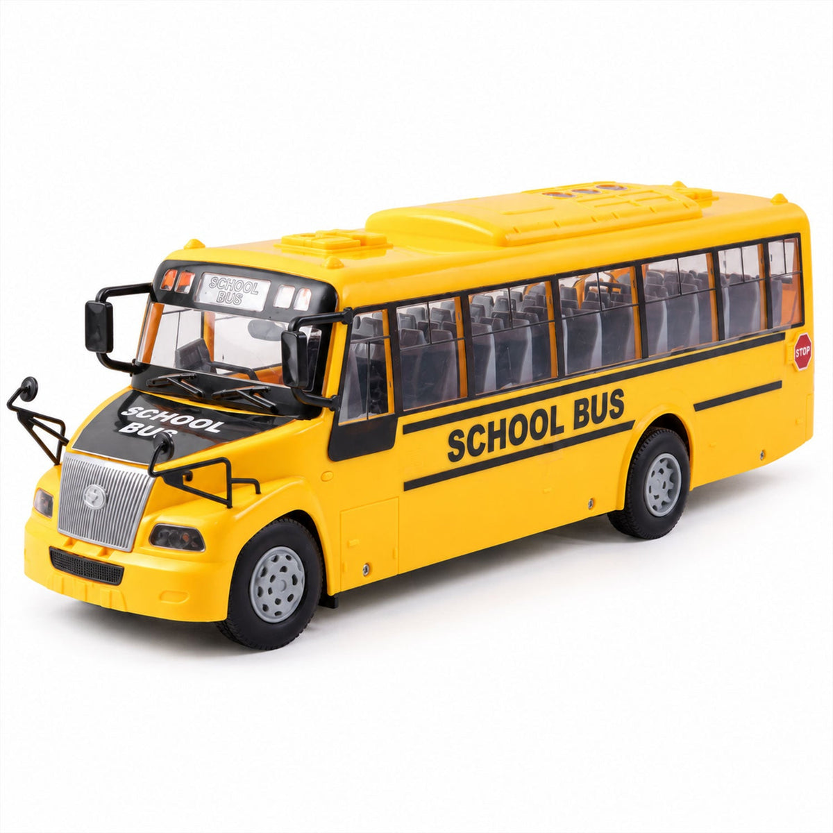 A bright yellow plastic school bus toy with black windows and