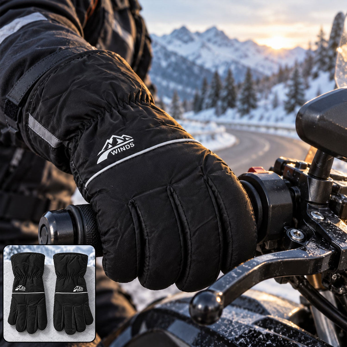A person's gloved hand on a motorcycle handlebar, with a small inset showing a pair of black winter gloves.