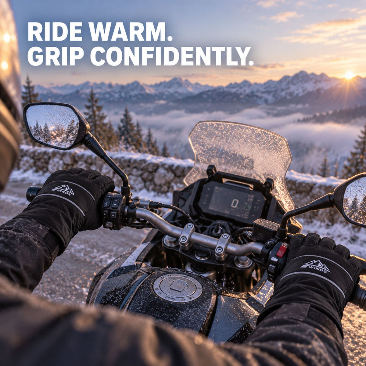 A person wearing black winter gloves while riding a motorcycle on a snowy road, with mountains in the distance.