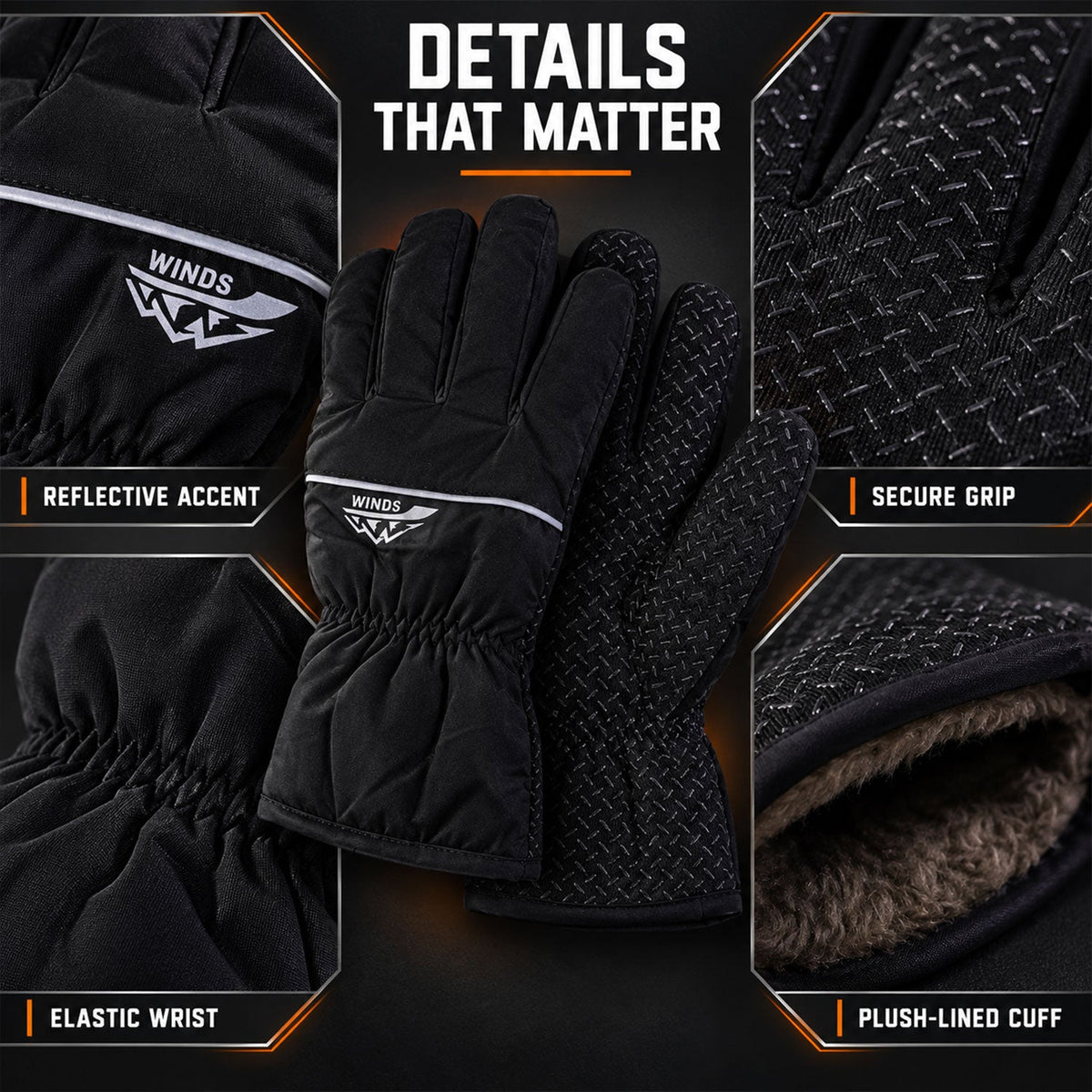 A collage highlighting features of the black glove: reflective accent, secure grip, elastic wrist, and plush-lined cuff.