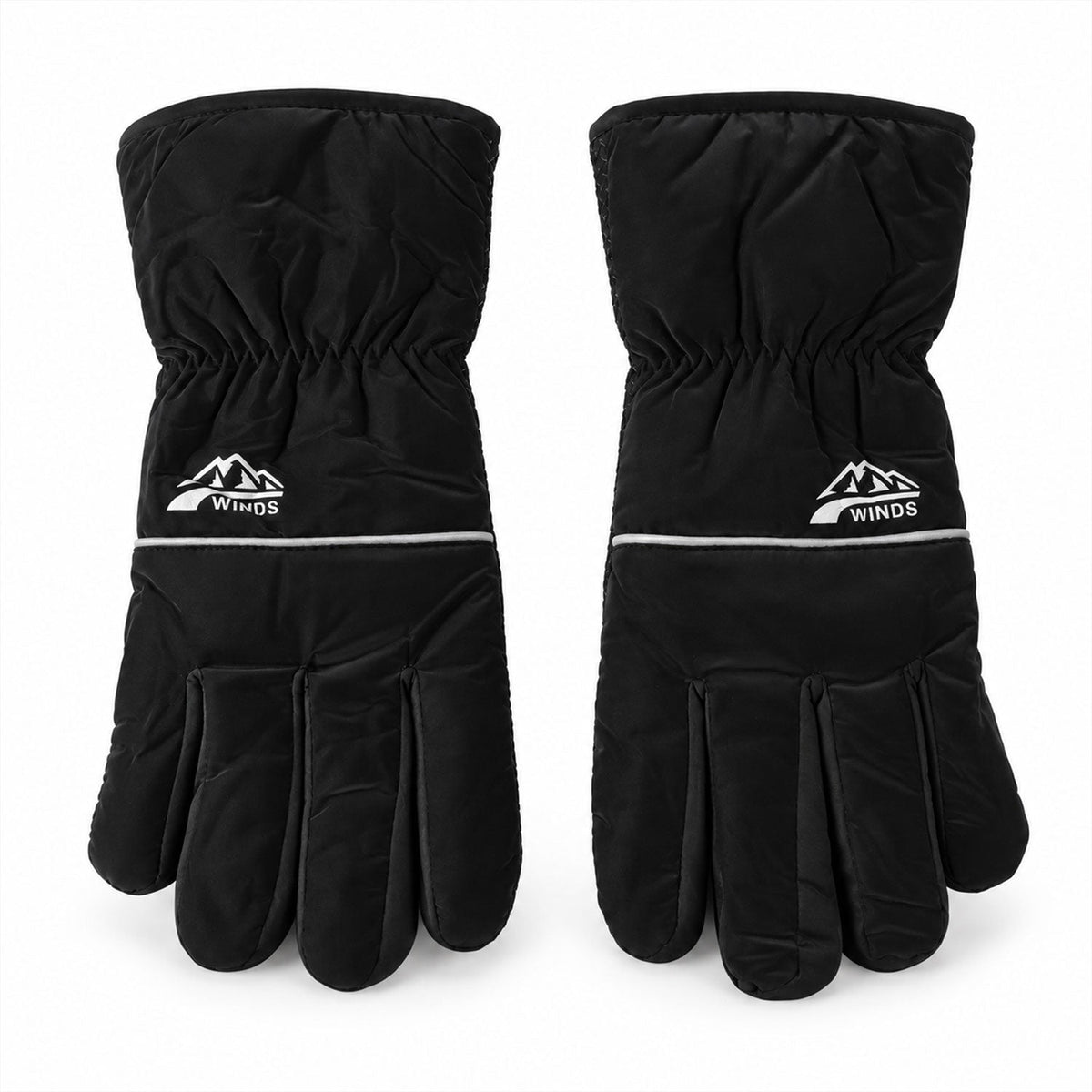 A pair of black winter gloves with white logos and reflective stripes, laid flat against a white background.