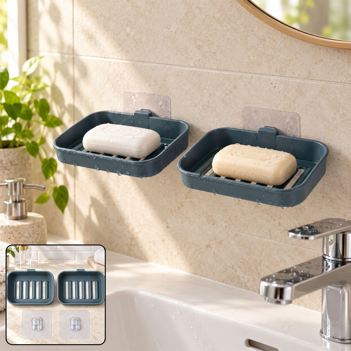 Wall mounted draining soap dish set - installed display