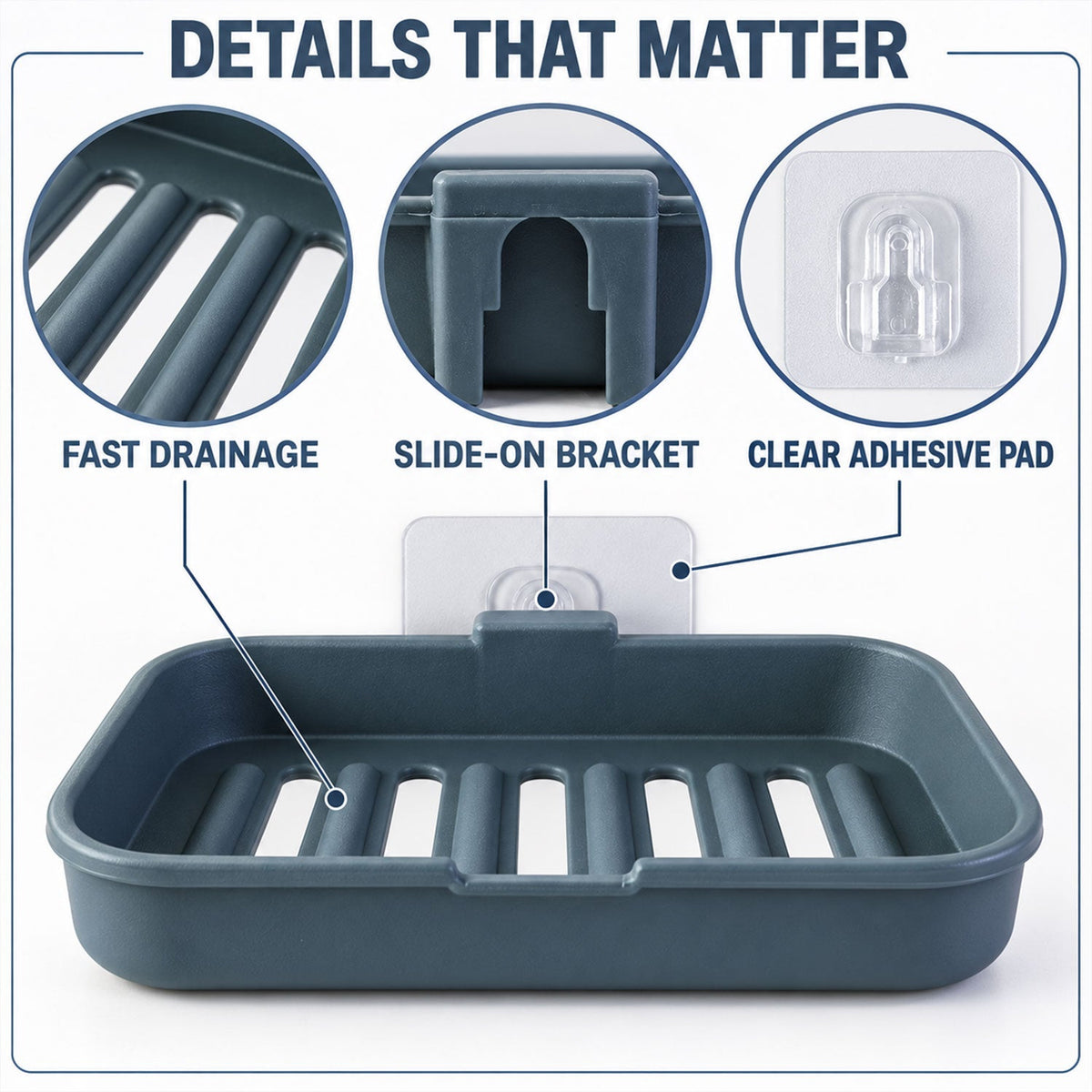 Wall mounted draining soap dish set - adhesive bracket and drainage details
