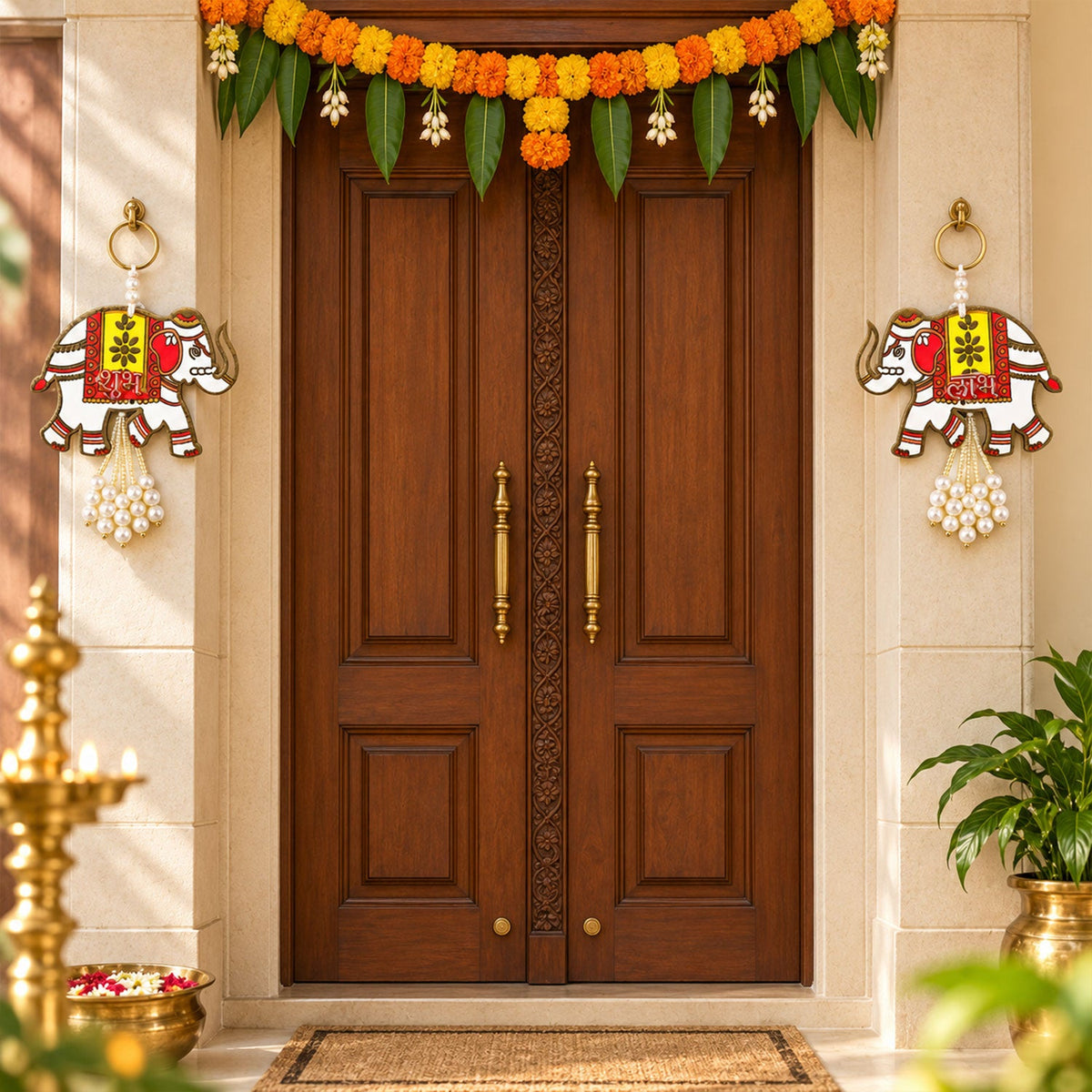 Two ornate elephant hangings with pearl tassels flank a dark wooden door decorated with marigold garlands.