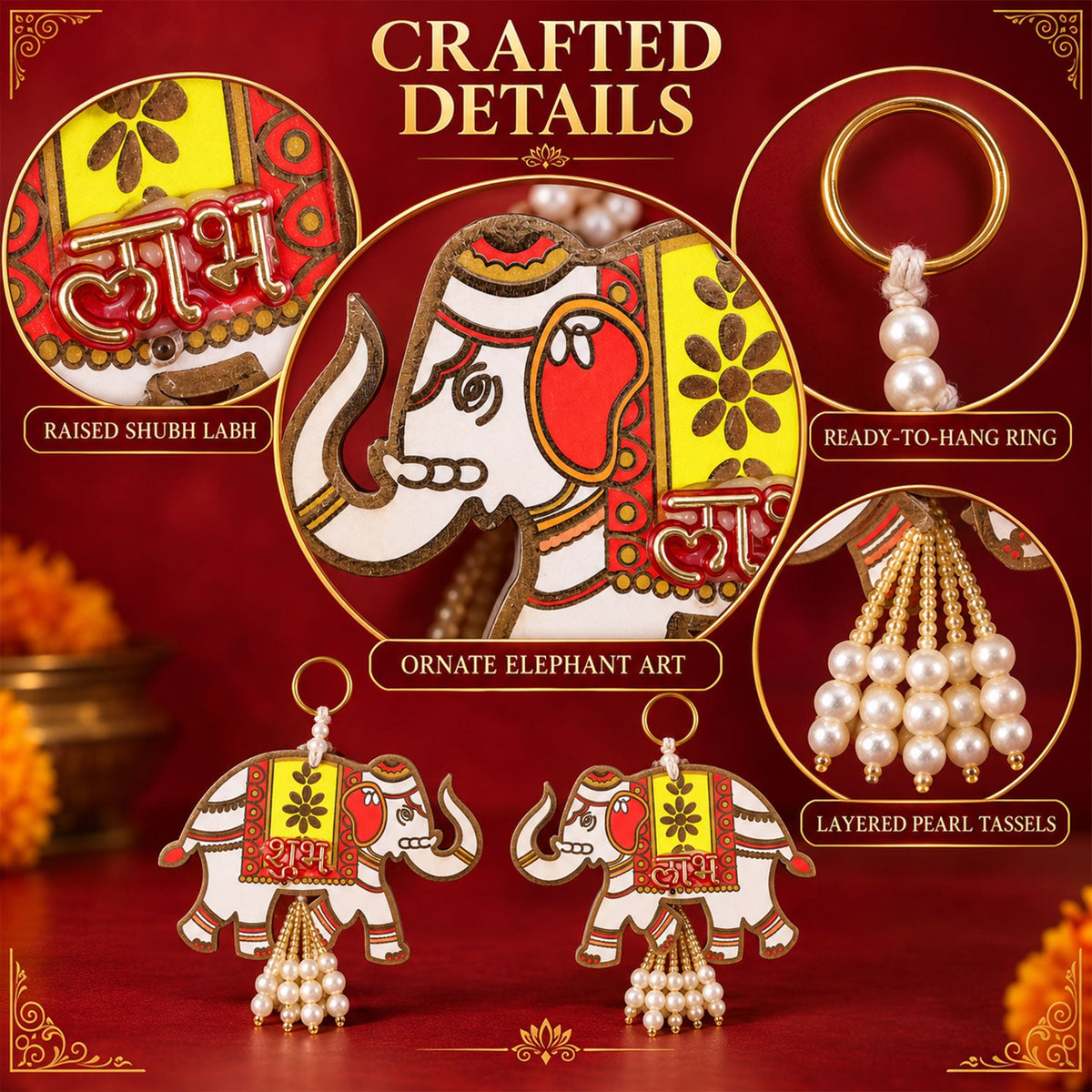 Close-up details of the elephant hangings, highlighting the raised script, wooden art, and pearl tassels.