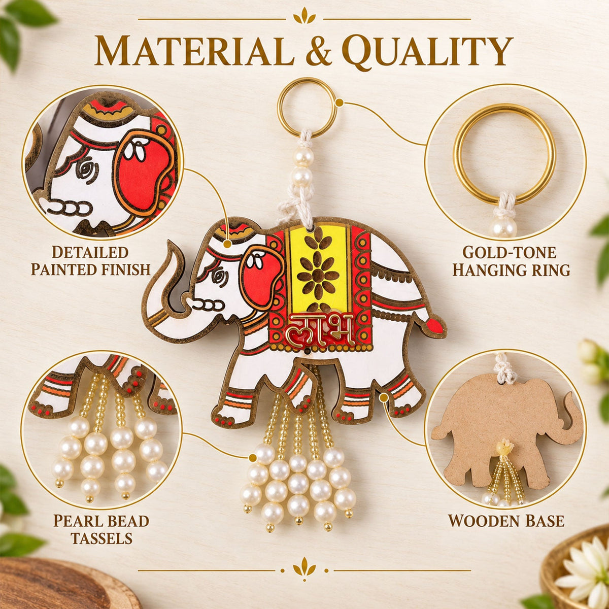 Details of the elephant hanging's construction, including its painted finish, gold ring, and wooden base.