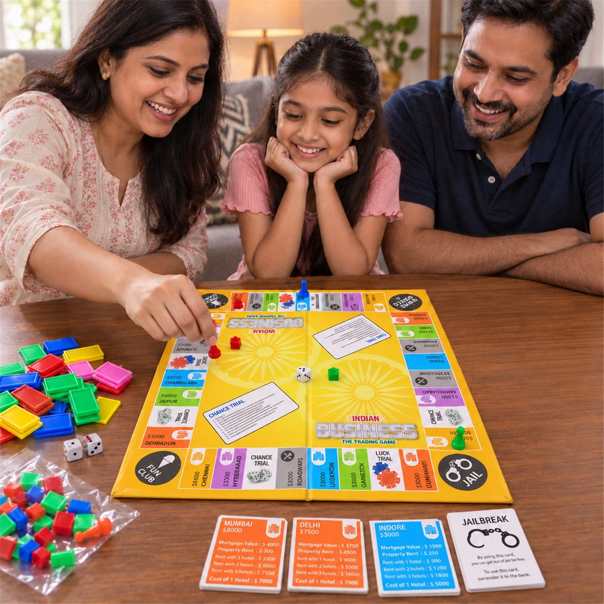 A family of three smiles while playing the Indian Business trading game at a wooden table, moving game pieces.