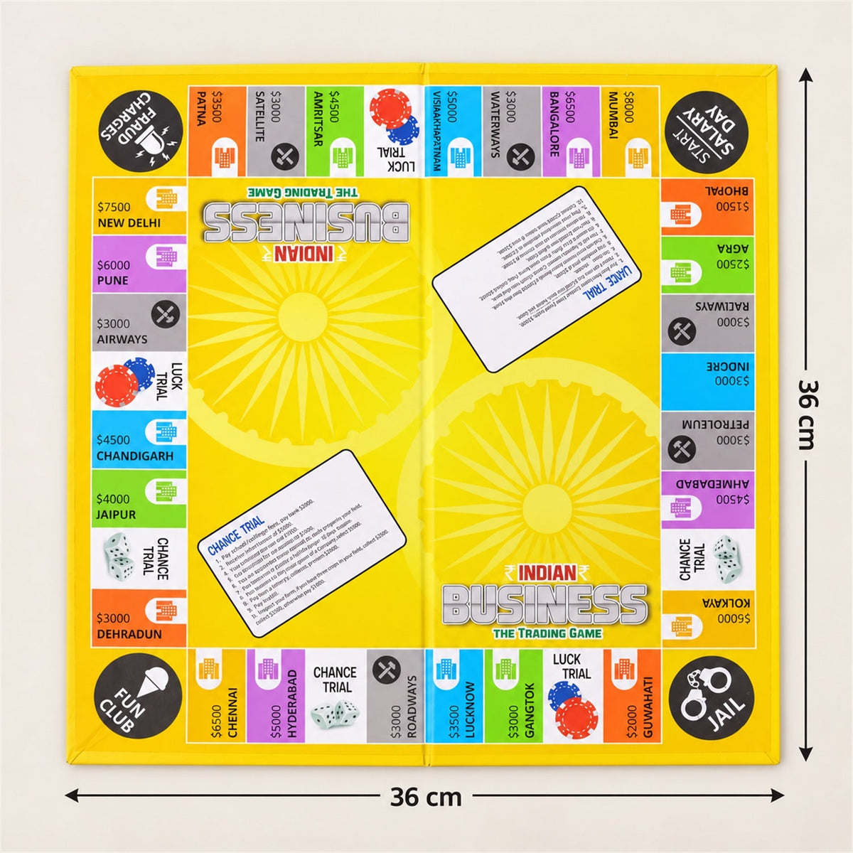 The unfolded yellow Indian Business game board is shown with its dimensions of 36 cm by 36 cm indicated.