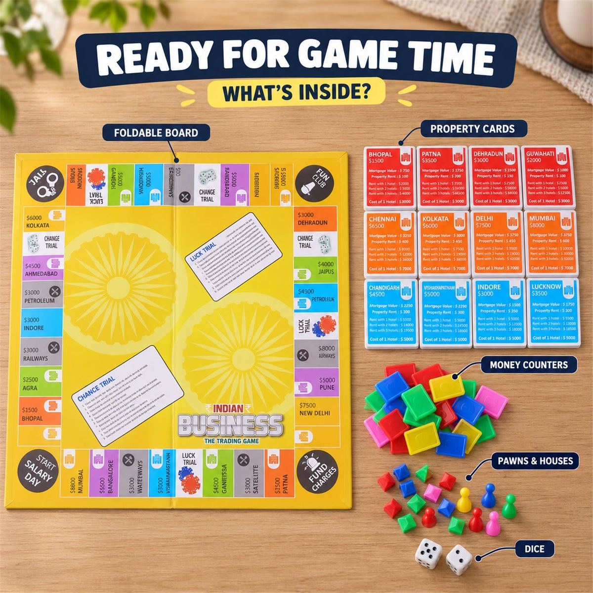 An overhead view of the Indian Business game components, including the board, property cards, money counters, pawns, and
