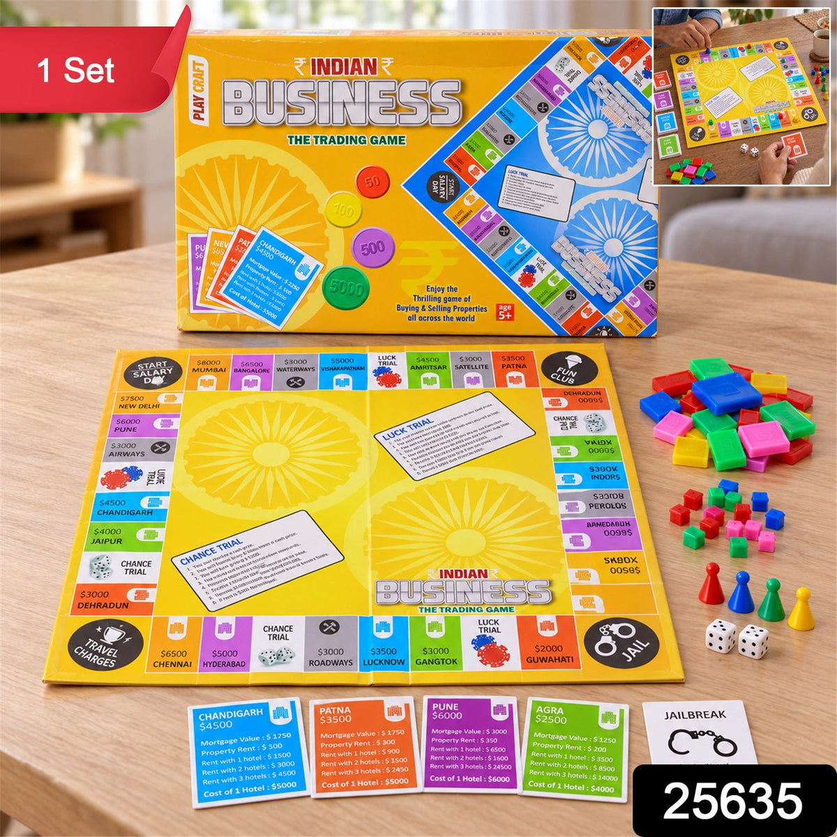 The Indian Business game box and board are displayed with game pieces, dice, and property cards on a wooden table.