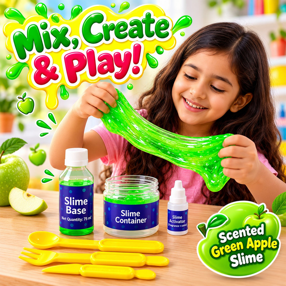 A happy child stretches green glitter slime, with a slime kit and green apple slices, text overlayed.