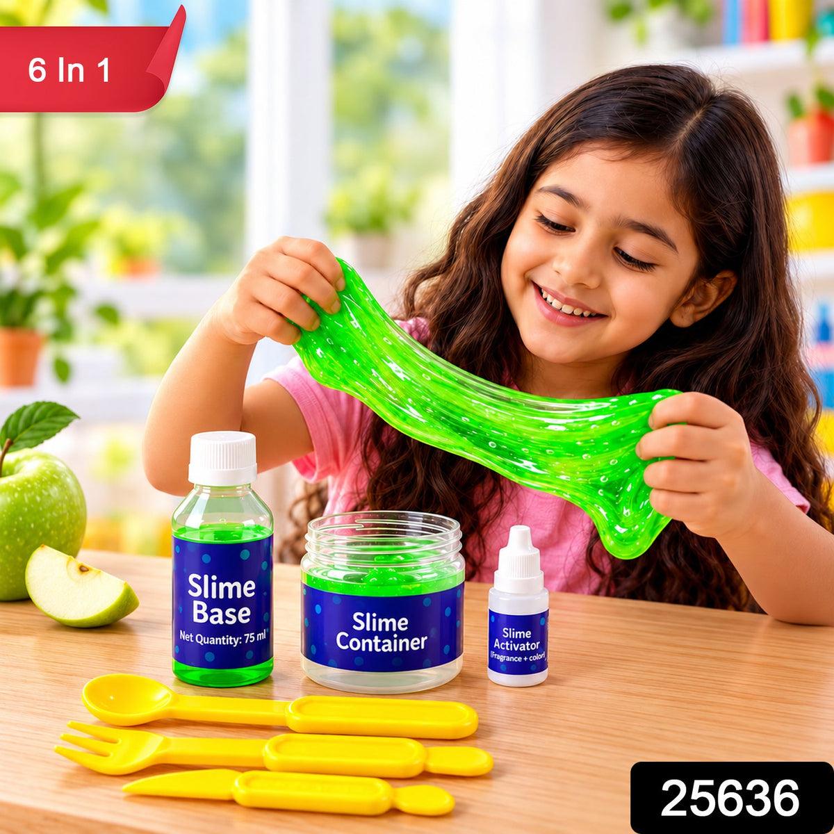 A child joyfully stretches green glitter slime, with a slime kit and sliced green apples on a wooden table.