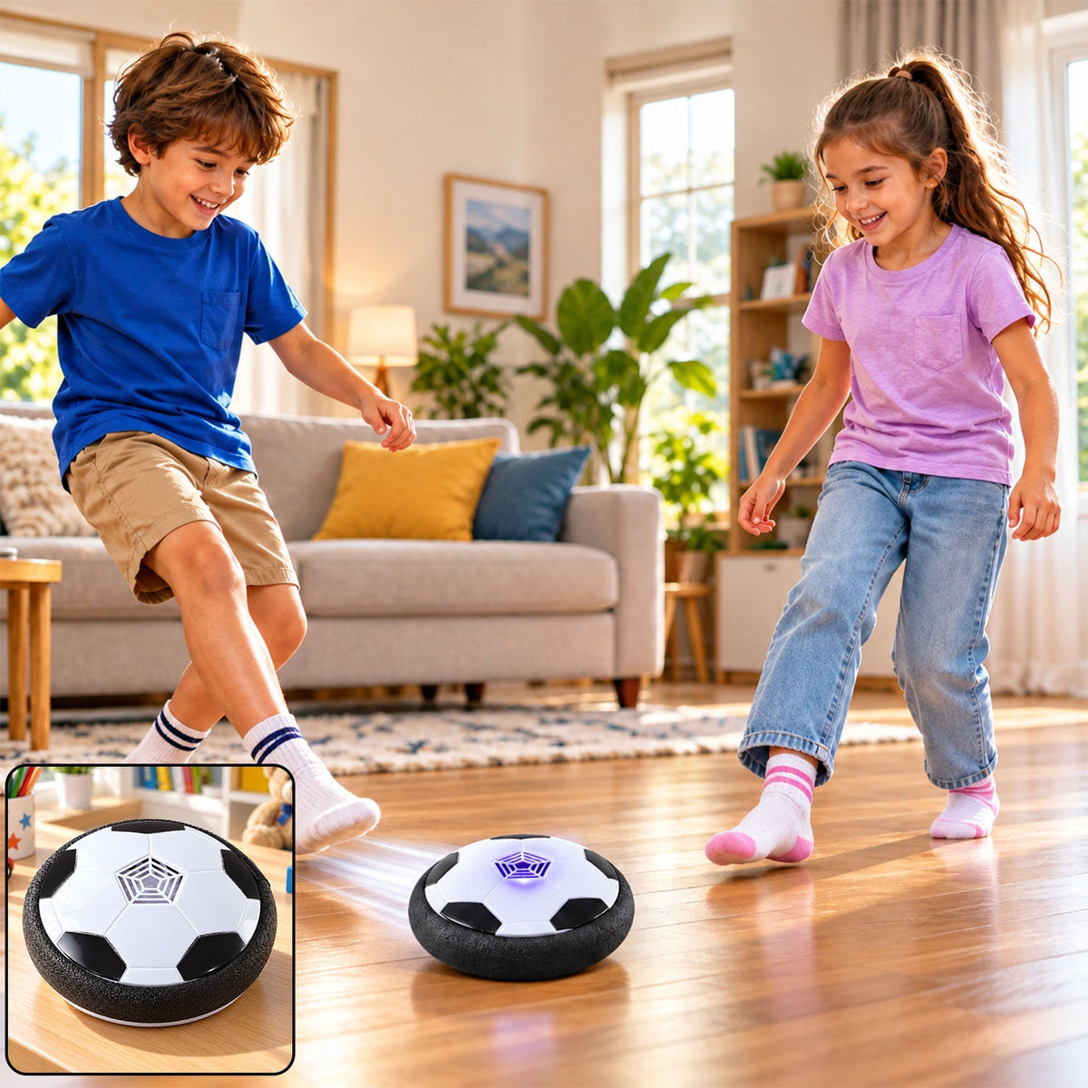 A boy and girl kick a white and black hoverball soccer toy across a wooden floor in a bright indoor setting.