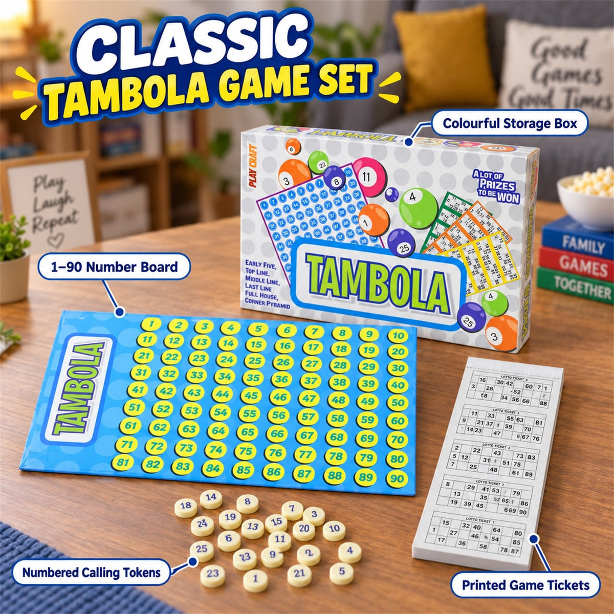 The Tambola game set is displayed on a wooden table, with callouts identifying the number board, tokens, tickets, and