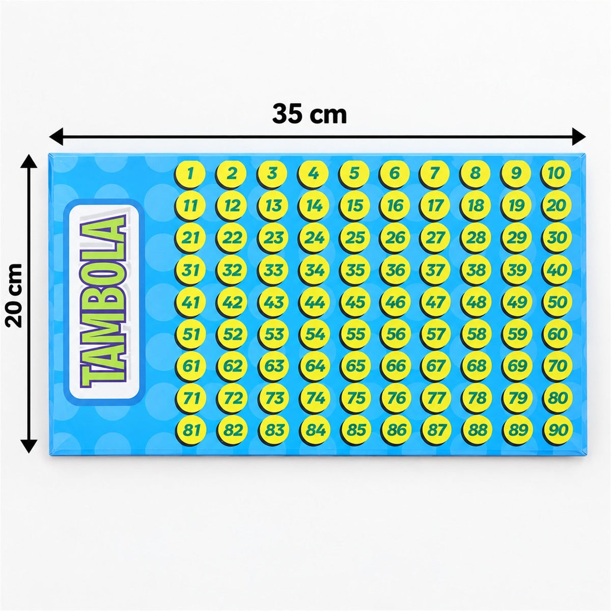 The blue Tambola game board is shown with dimensions, indicating a length of 35 cm and a width of 20 cm.